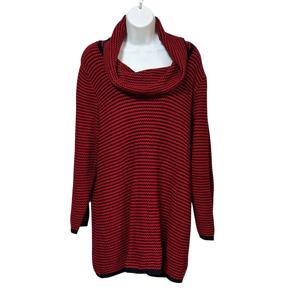 Calvin Klein Womens Red Black Striped Cowl Neck Tunic Sweater XS Cotton Knit